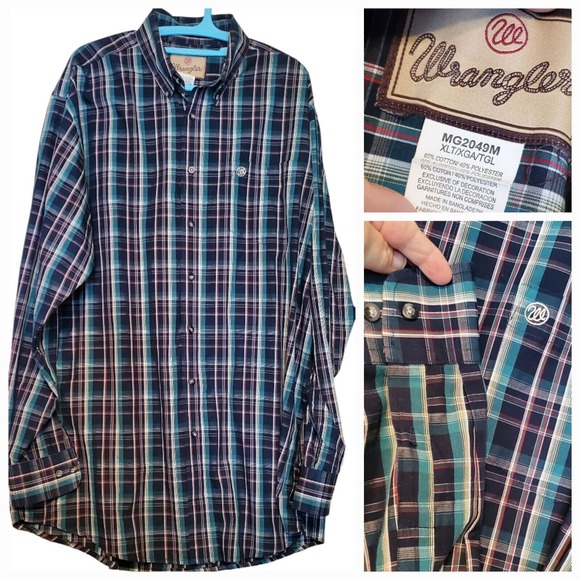 WRANGLER Shirt Mens Size XLT XL‎ Tall Blue Green Pearl Western Madas Wrancher - Picture 1 of 10